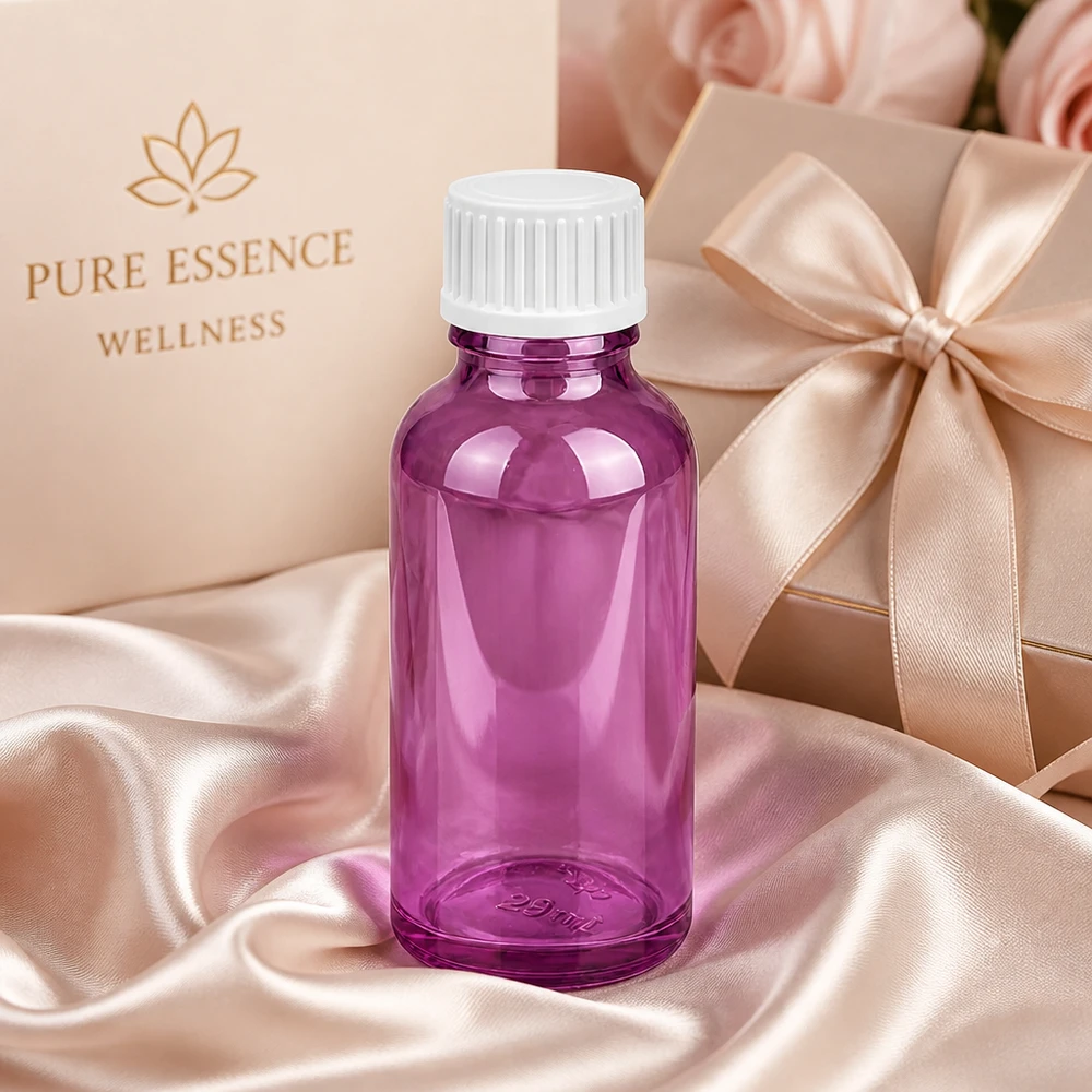 Butelka o pojemności 30 ml. Pierścień do nalewania 3 mm, biały Standard PurpleLine. UT18/30 30 ml szklana butelka premium z rowkowaną zakrętką w eleganckim fioletowym kolorze