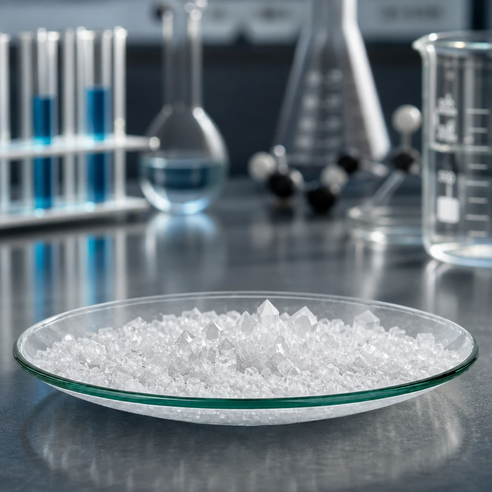 Szklana miska zegara Ø 120 mm Okrągłe szklane naczynie 120 mm wypełnione białymi kryształami w profesjonalnym środowisku laboratoryjnym