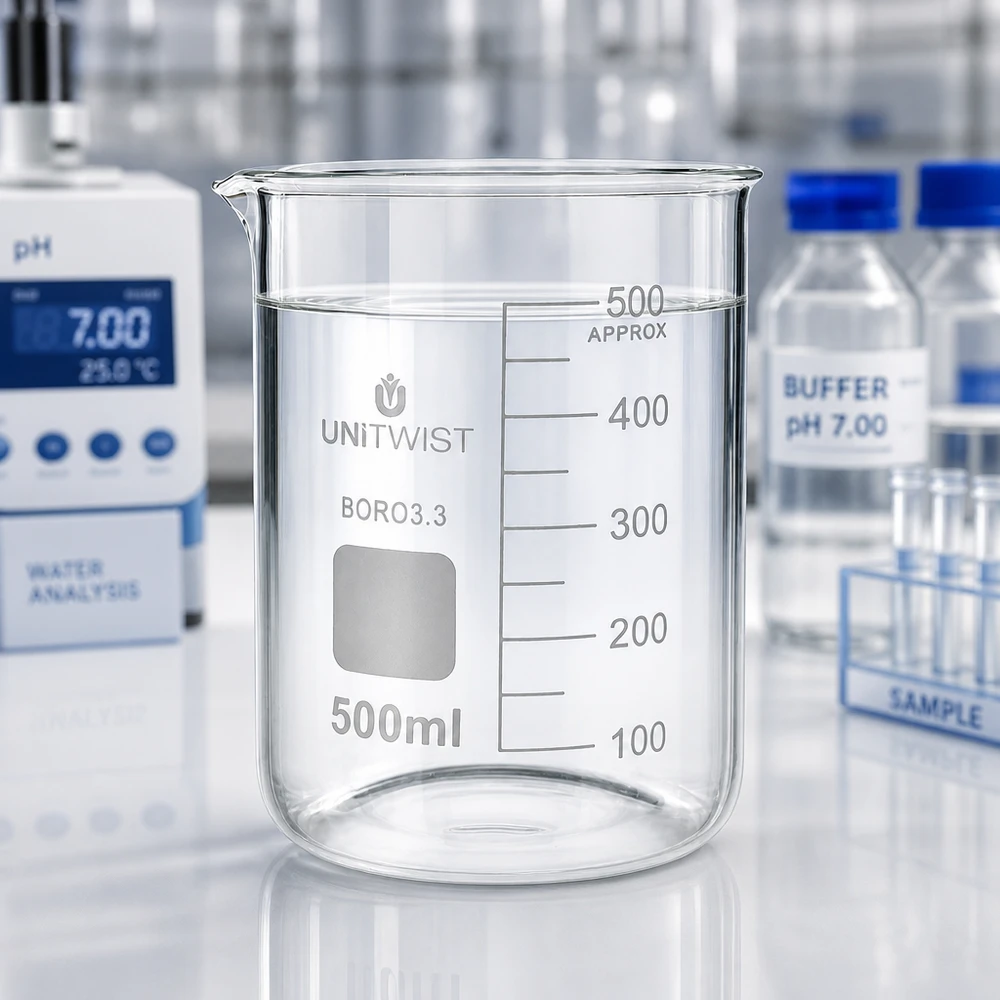 Zlewka 500 ml borokrzemianowa, niski kształt UNiTWIST Szklanka UNiTWIST o pojemności 500 ml, niska, z materiału BORO3.3, w laboratorium z pH-metrem i roztworem buforowym