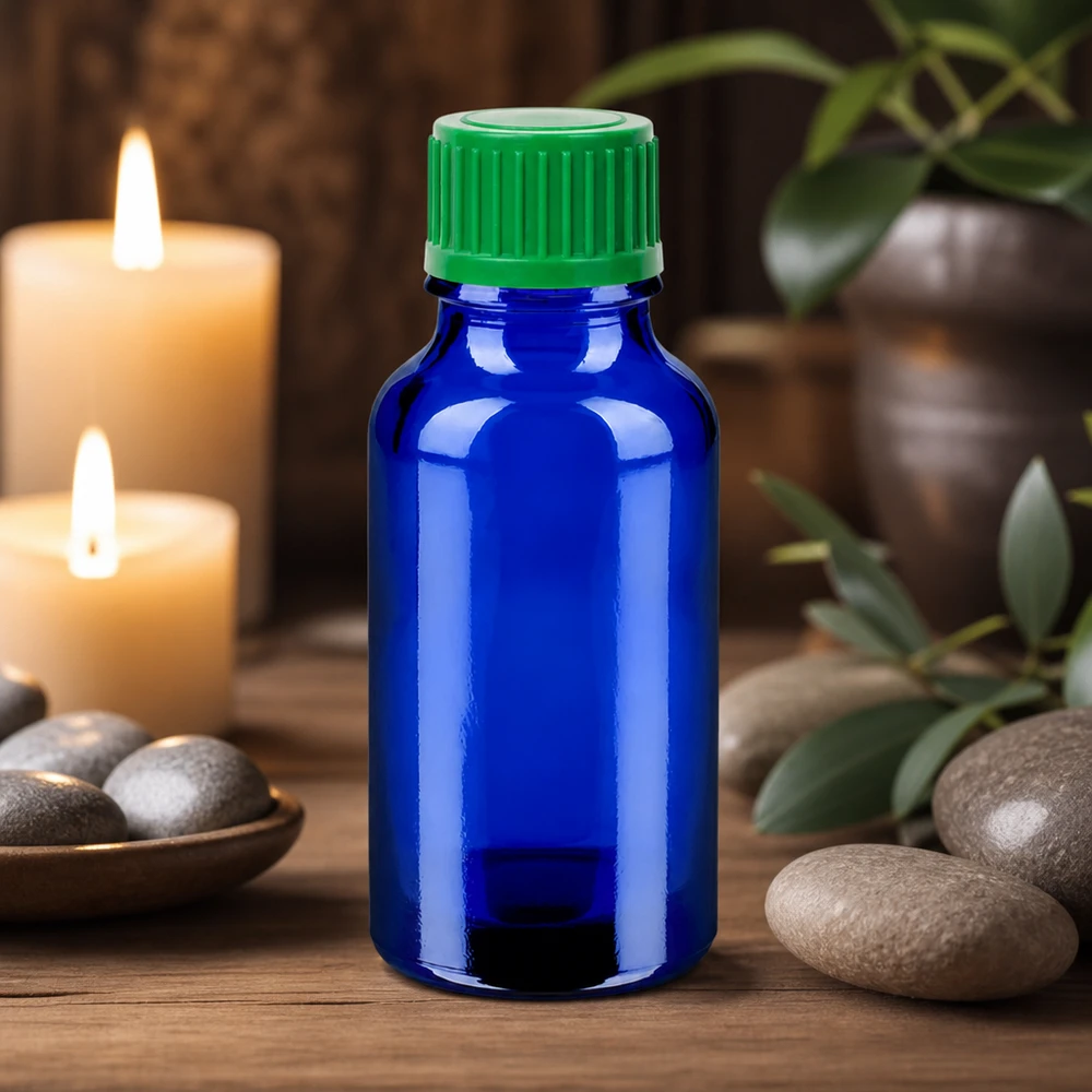Butelka z kroplomierzem 20 ml 0,8 mm zielona STD BlueLine UT18/20 Butelka na lekarstwa o pojemności 20 ml wykonana z wysokiej jakości niebieskiego szkła z zieloną zakrętką STD BlueLine