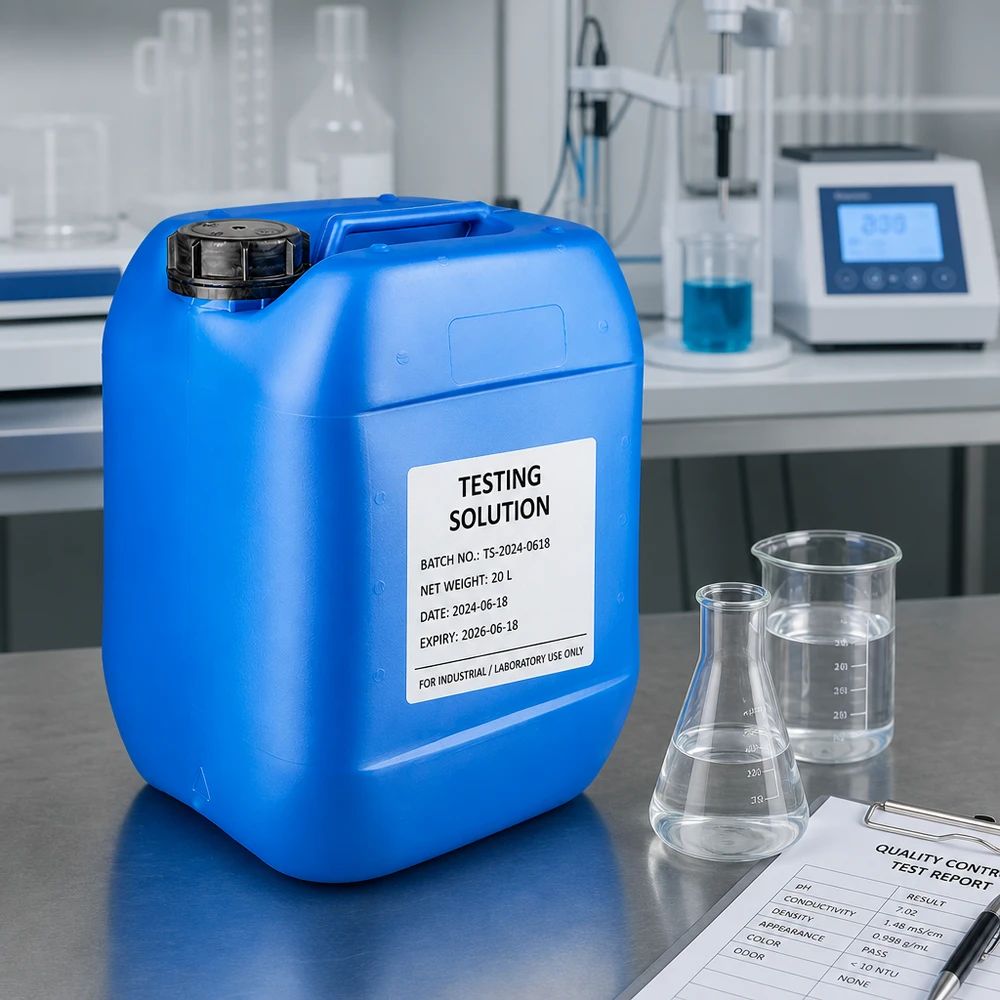 Niebieski kanister o pojemności 10 litrów z zakrętką typu OV, stosowany w profesjonalnych laboratoriach