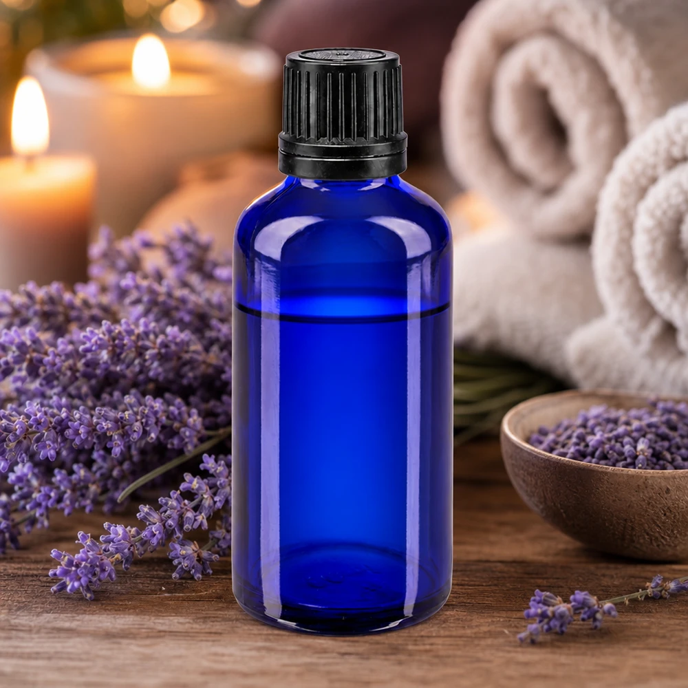 Butelka apteczna niebieska 50ml kroplówka v. Pr. 1mm czarny OV Niebieska butelka z zakraplaczem o pojemności 50 ml, wykonana ze szkła aptecznego, z zamknięciem zabezpieczającym przed dziećmi i potwierdzającym oryginalność produktu