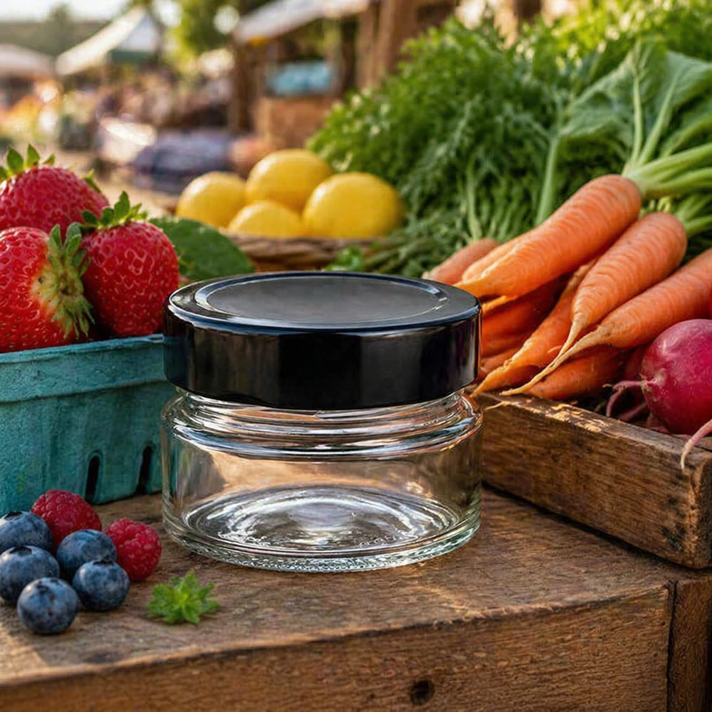 80 ml okrągły pojemnik szklany + pokrywka BasicSeal czarna głęboka UNiTWIST 80ml Rundglas BasicSeal schwarz auf Holztisch mit frischem Obst Gemüse Marktstand Atmosphäre vielseitig einsetzbar