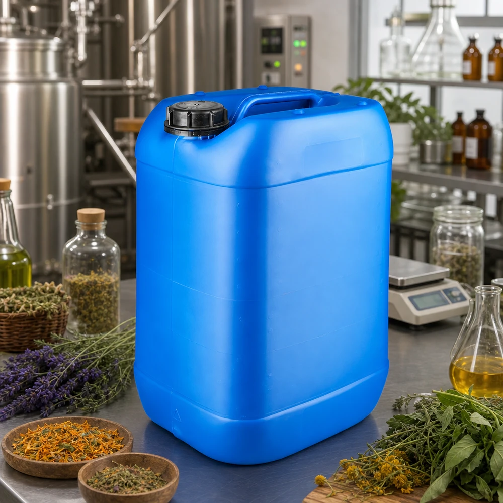 Kanister 25 litrów niebieski z zakrętką OV Niebieski kanister z HDPE o pojemności 25 l z zamknięciem typu OV, stosowany do przechowywania ziół i olejków w produkcji kosmetyków naturalnych