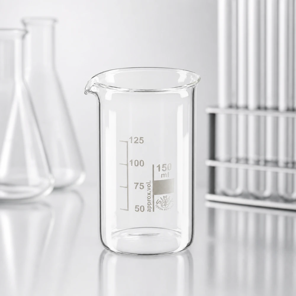 Zlewka 150 ml ze szkła borokrzemowego, wysoka Przezroczysta szklanka o pojemności 150 ml, wysoka, z podziałką od 50 do 125 ml, wykonana ze szkła borokrzemowego