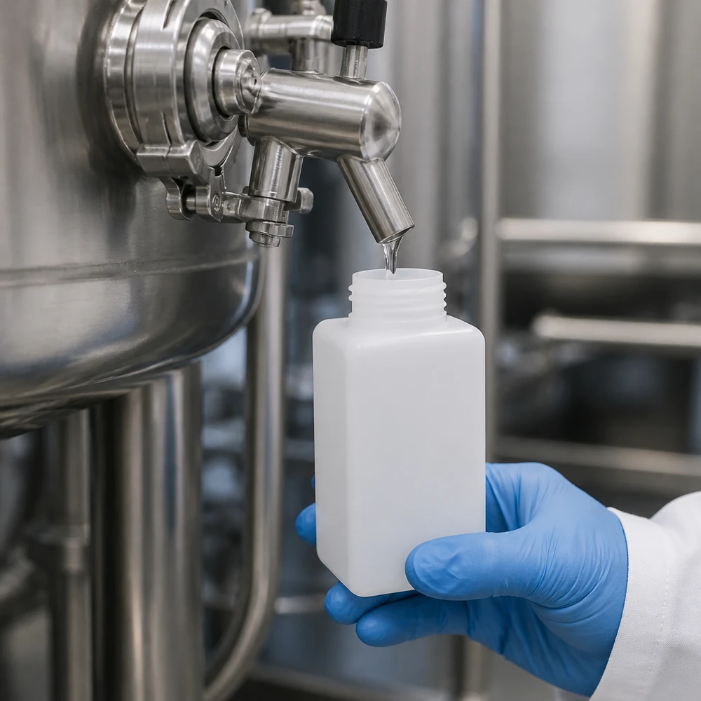 Butelka na chemikalia 1500ml, szeroka szyjka wykonana z PE-HD, kolor naturalny, GL 65 Butelka na chemikalia o pojemności 1500 ml, z polietylenu wysokogęstościowego (PE-HD), z szeroką szyjką, w kolorze naturalnym, podczas napełniania z instalacji przemysłowej w rękawicach ochronnych