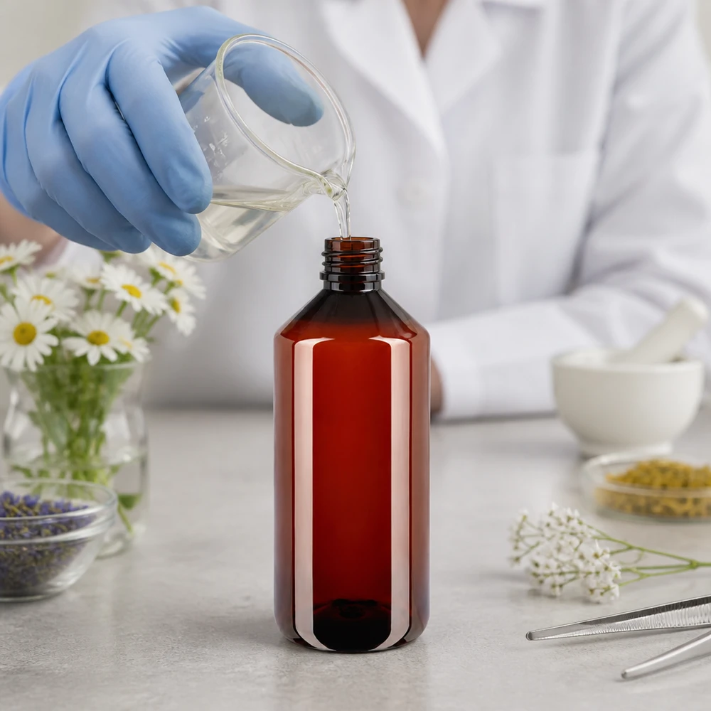 Brązową butelkę PET o pojemności 1000 ml napełnia się w laboratorium przezroczystym płynem z zlewki