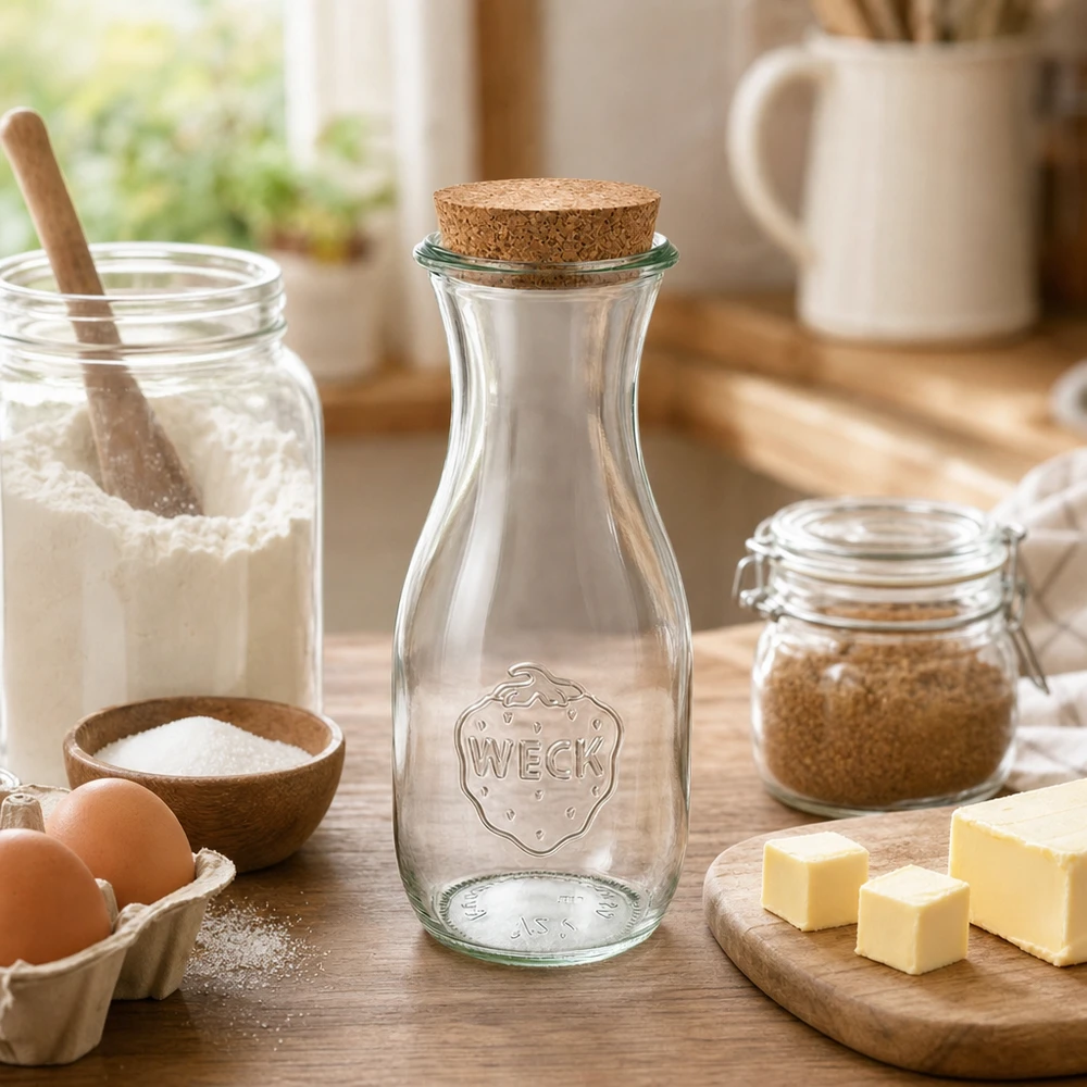 Butelka na sok 530ml WECK RR60 z korkiem naturalna Butelka soku WECK 530ml z korkiem w przytulnej kuchni obok składników do pieczenia mąka jajka masło na drewnianym stole