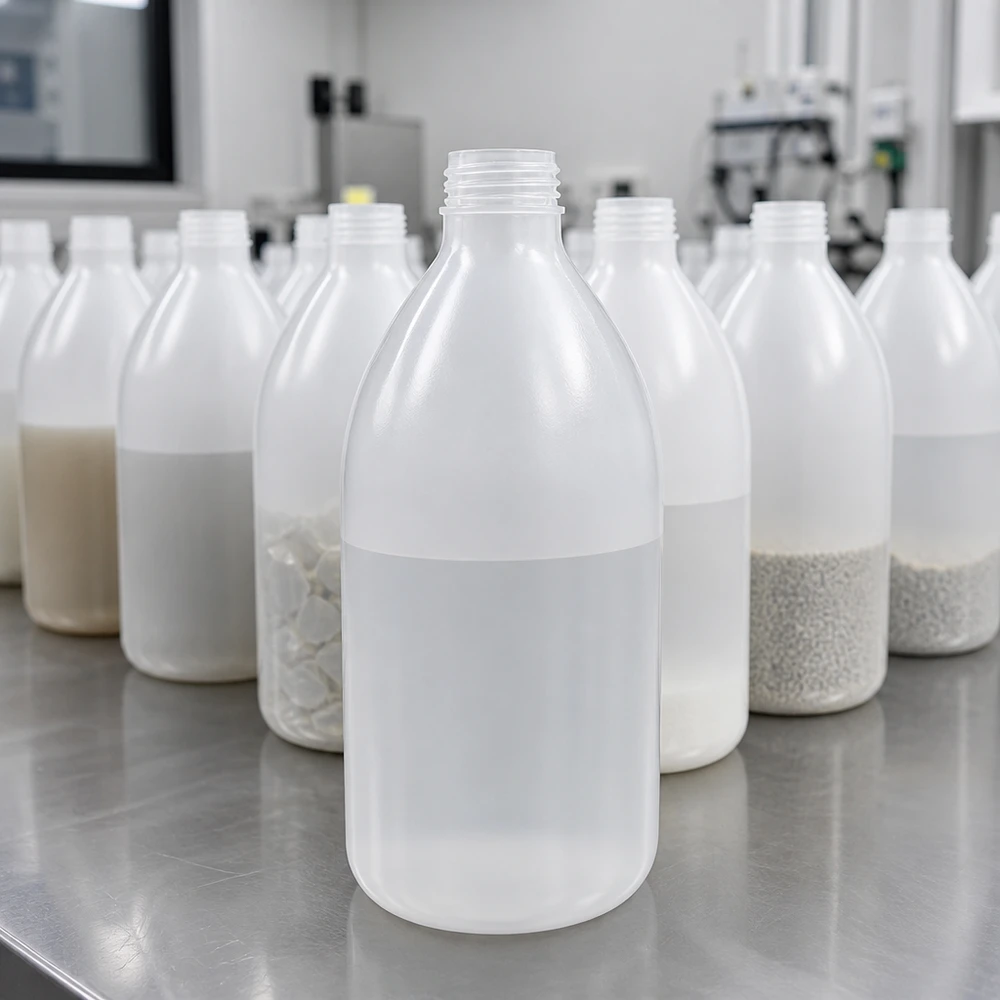 Zestaw białych butelek laboratoryjnych o pojemności 1000 ml z wąską szyjką, bez nakrętek, na stole laboratoryjnym ze stali nierdzewnej