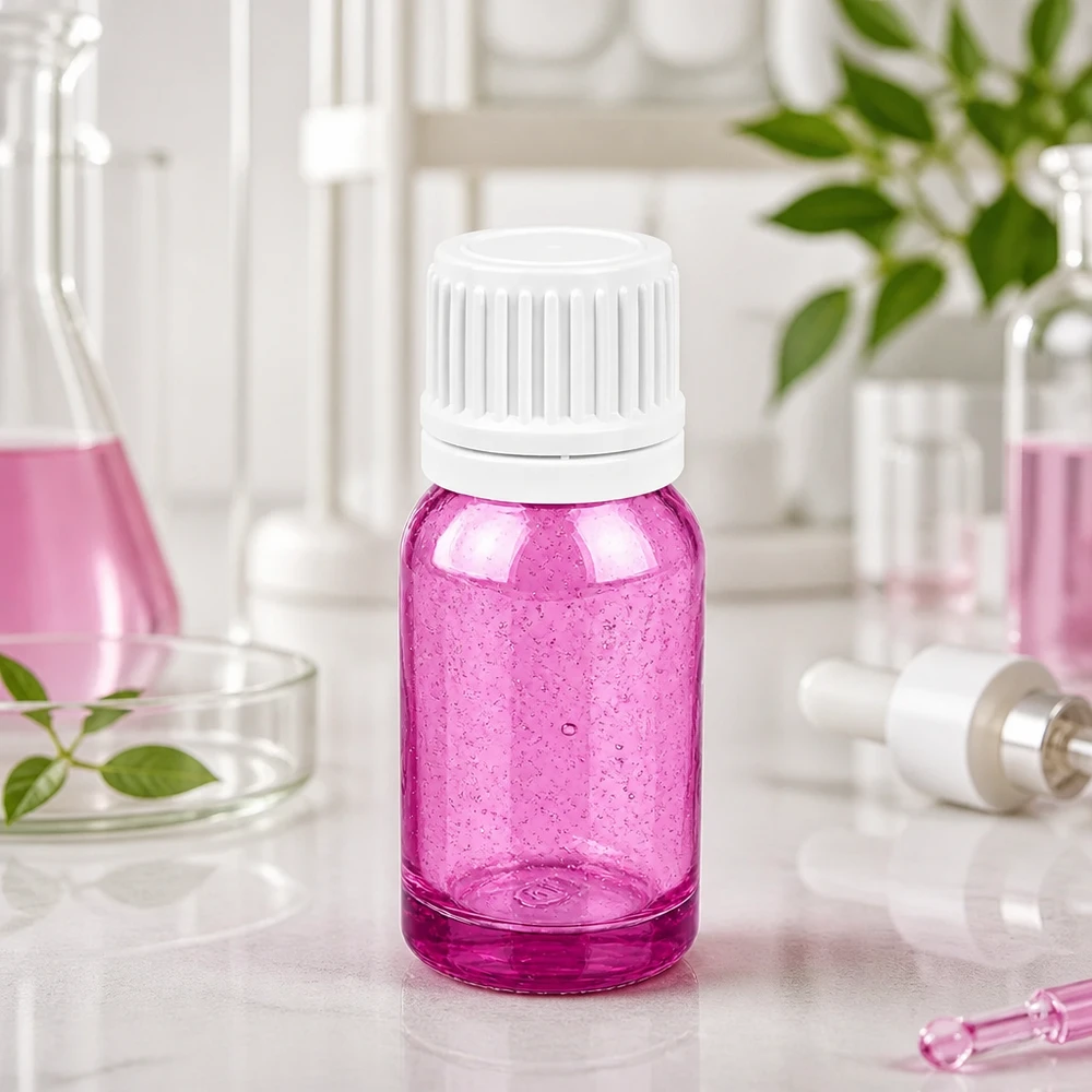Wysokiej jakości szklana butelka o pojemności 10 ml w kolorze fioletowym z białą zakrętką do zastosowań laboratoryjnych i farmaceutycznych