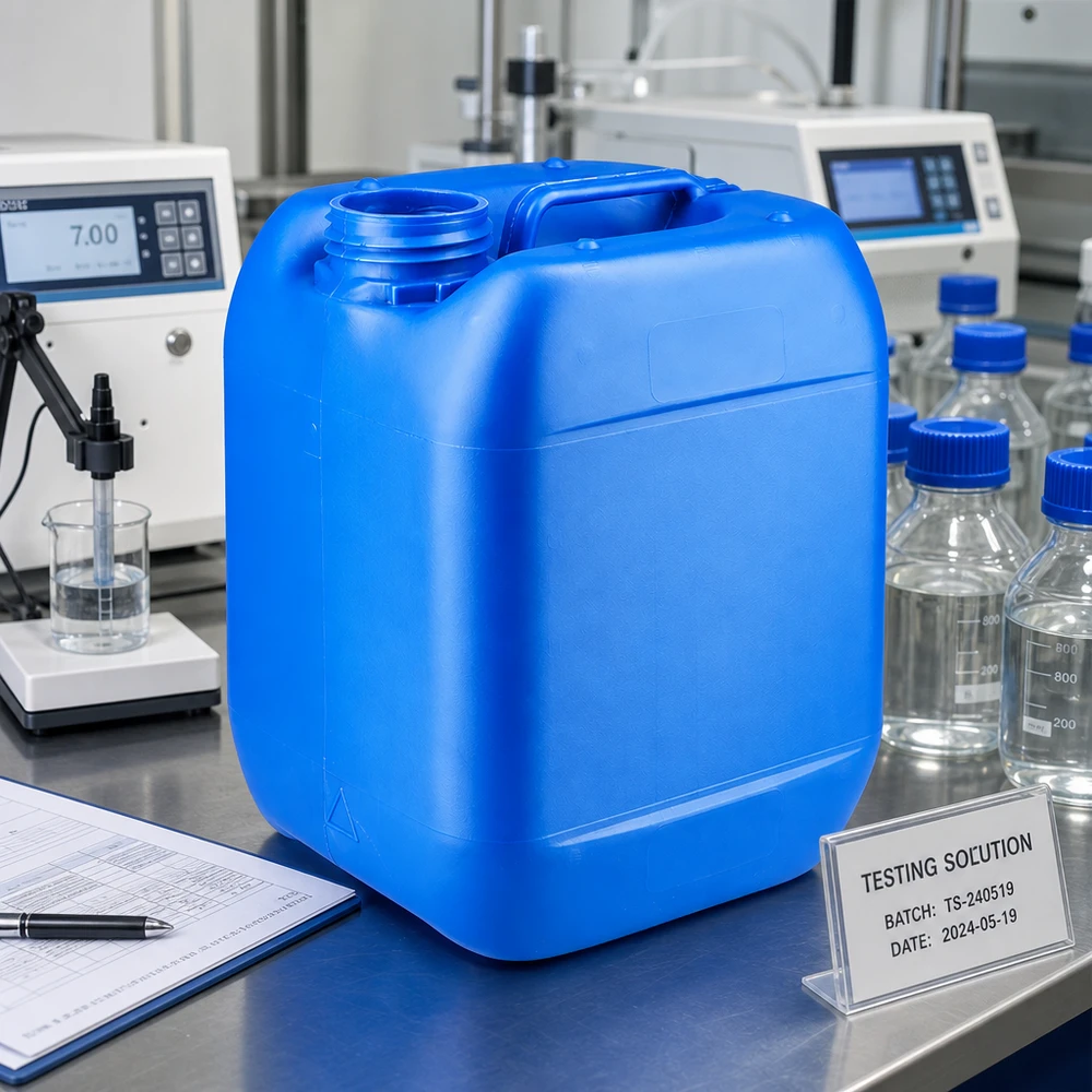 Niebieski 5-litrowy kanister z tworzywa sztucznego bez zamknięcia w profesjonalnym laboratorium analitycznym wyposażonym w przyrządy pomiarowe