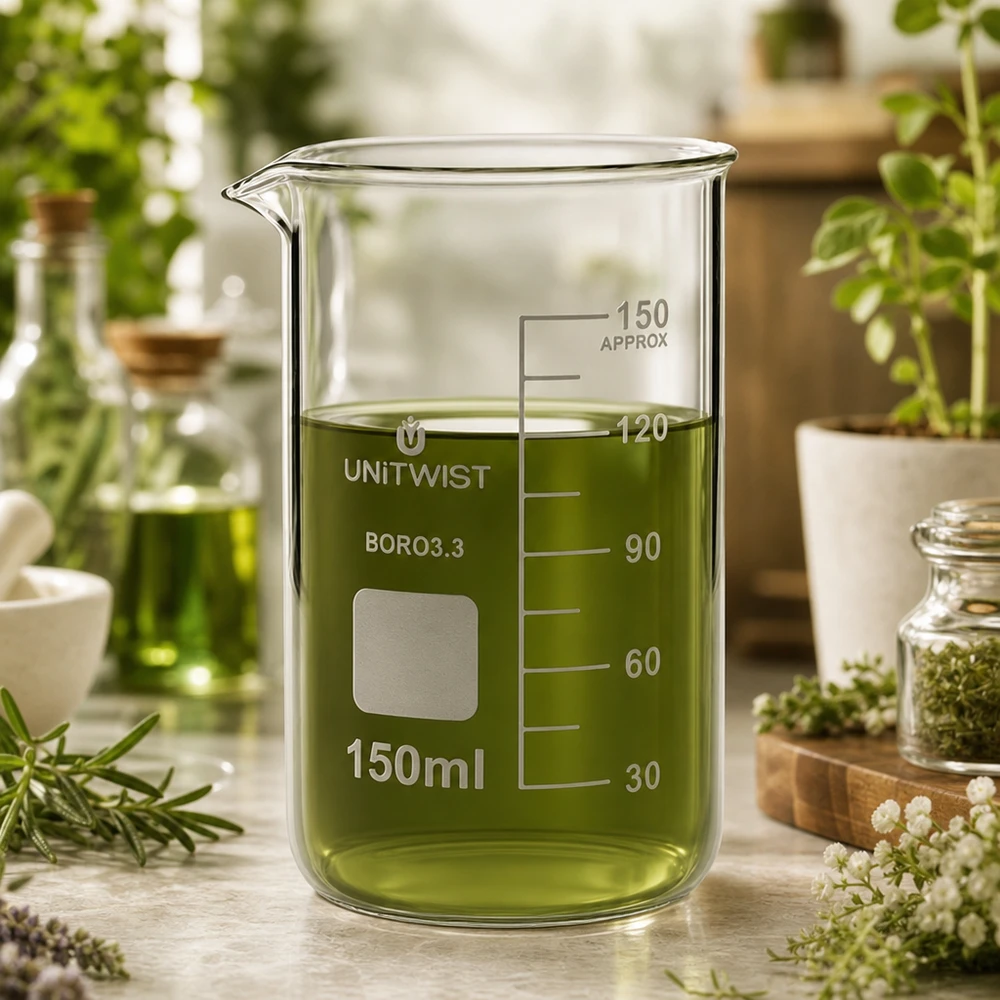 Szklanka UNITWIST o pojemności 150 ml, wysoka, wykonana ze szkła borokrzemowego, zawierająca zielony płyn ziołowy, otoczona świeżymi roślinami