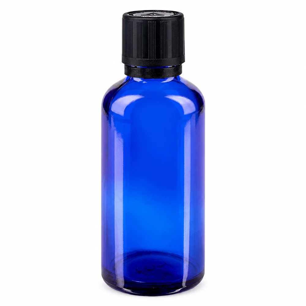 50 ml niebieska buteleczka apteczna z czarnym, zabezpieczonym przed dziećmi zamknięciem gwarantującym oryginalność oraz wkładem kroplomierzem o średnicy 1 mm