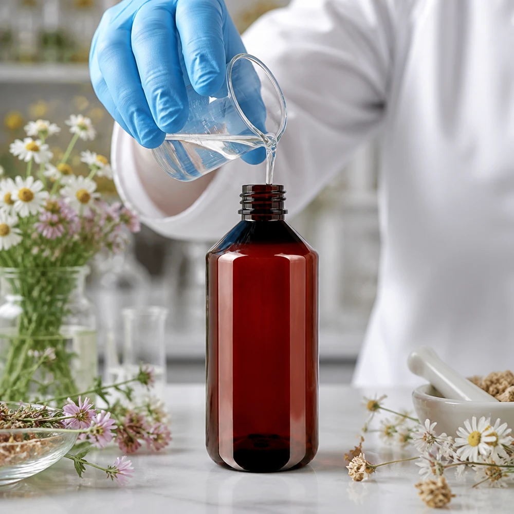 Butelka PET 1000 ml z białą nakrętką typu flip-top. Brązowa butelka apteczna o pojemności 1000 ml, przeznaczona do laboratorium, z ziołami leczniczymi i klapką zamykającą