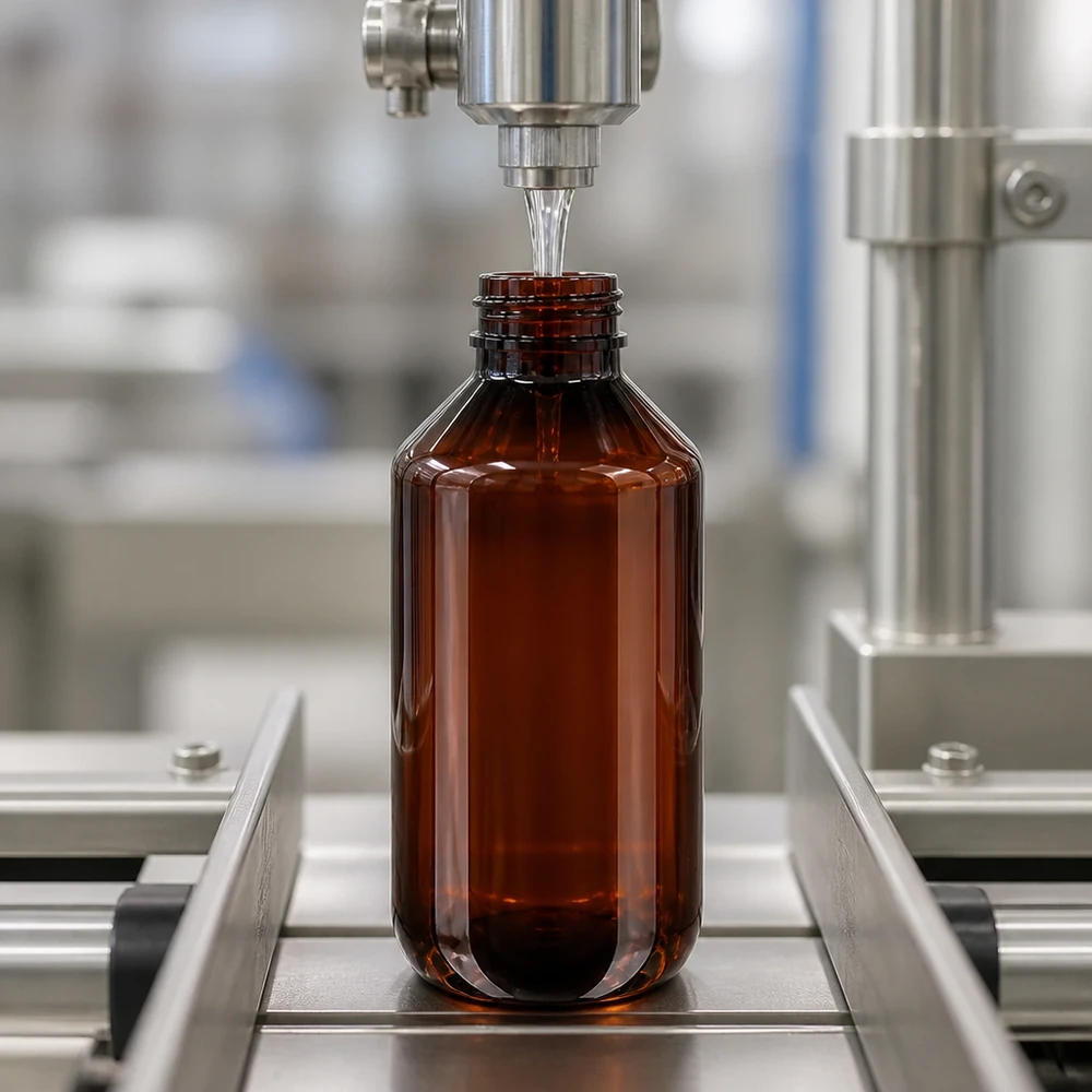 Butelka PET 200ml z czerwoną nakrętką OV Przemysłowe napełnianie brązowej butelki PET o pojemności 200 ml na taśmie przenośnikowej za pomocą precyzyjnej dyszy