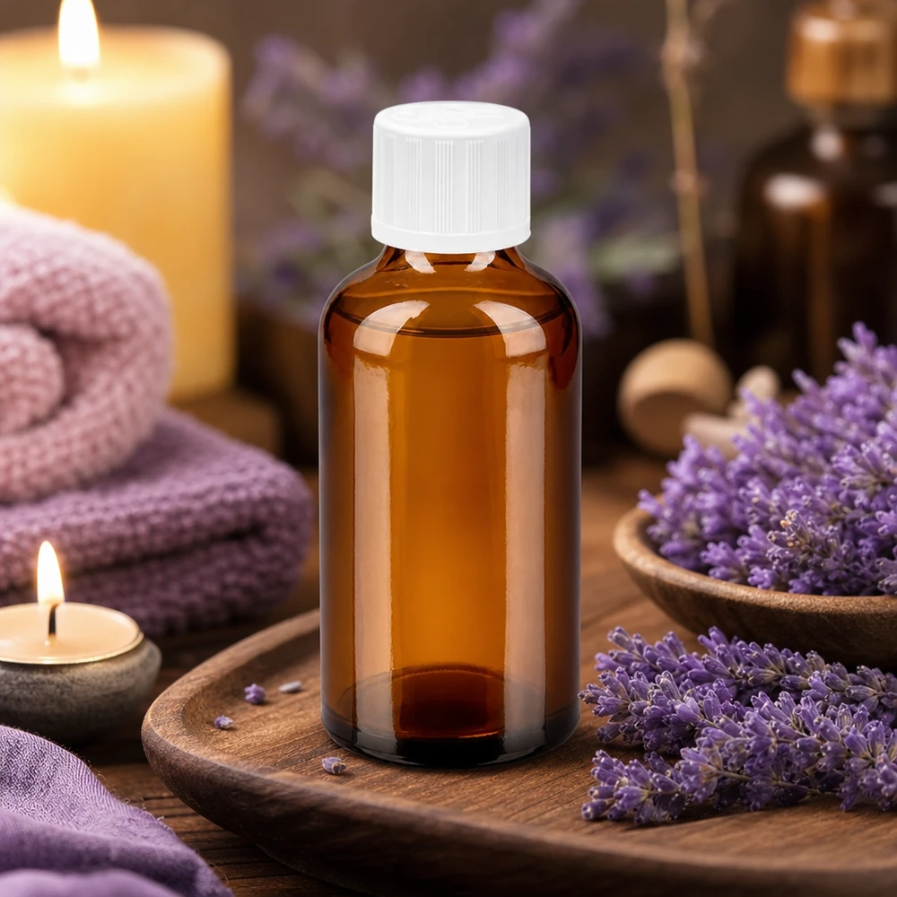 Mała butelka z bursztynowego szkła o pojemności 50 ml z otworem 11 mm, idealna do aromaterapii i odnowy biologicznej.