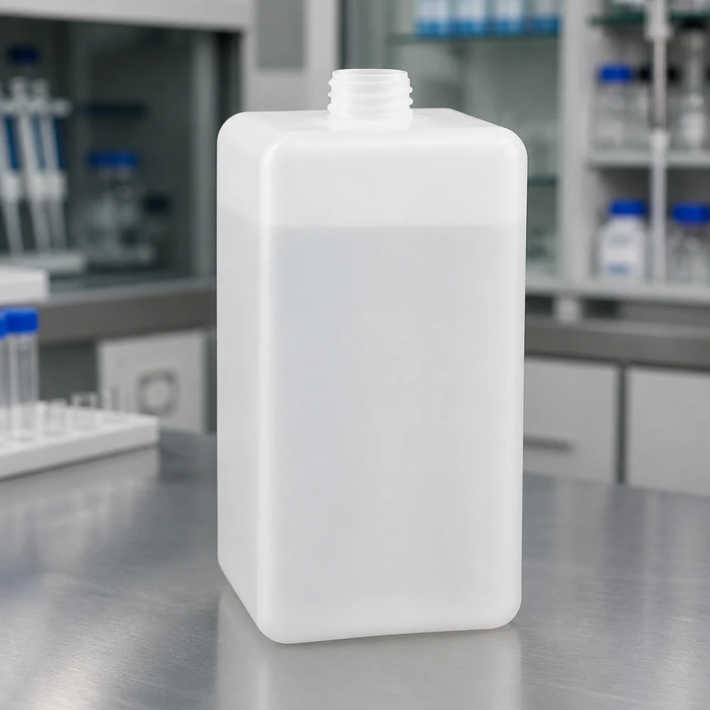 Butelka na chemikalia 1500ml, wąska szyjka wykonana z PE-HD, kolor naturalny, GL 32 Butelka na chemikalia z PE-HD, 1500 ml, z wąską szyjką, GL 32, półprzezroczysta, mlecznobiała, na stół laboratoryjny