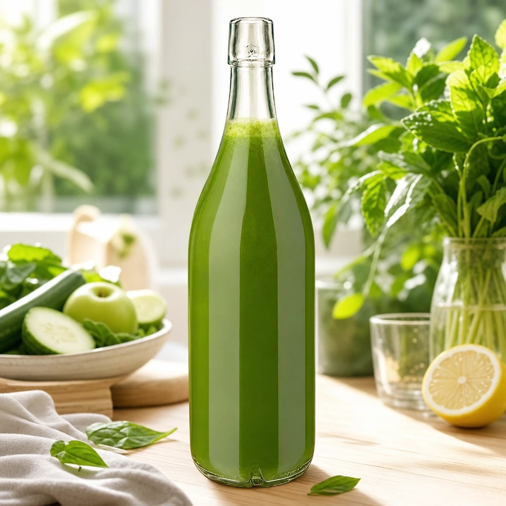 Szklana butelka 1000ml UNiTWIST wypełniona zielonym smoothie świeże warzywa owoce scena kuchenna zdrowe odżywianie