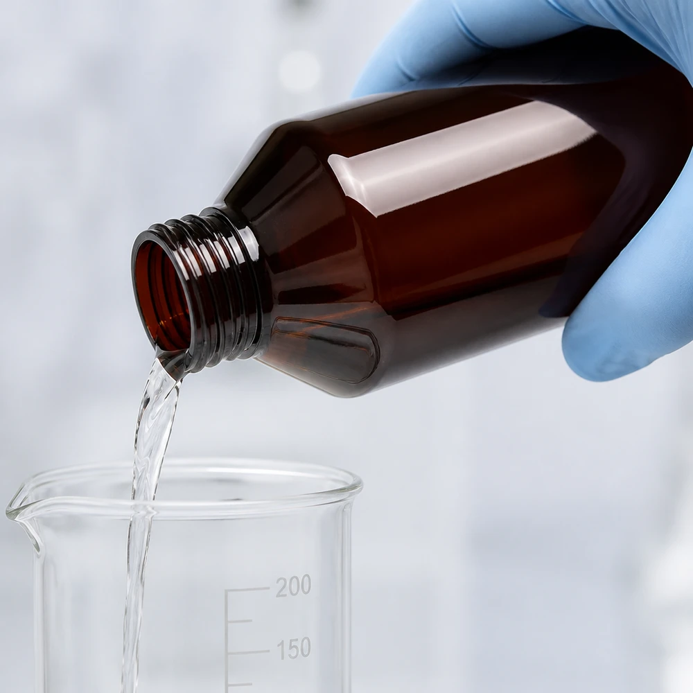 Butelka PET 750 ml z białym standardem OV Ręka w rękawiczce napełnia szklankę o pojemności 250 ml przezroczystym płynem z brązowej butelki PET o pojemności 750 ml
