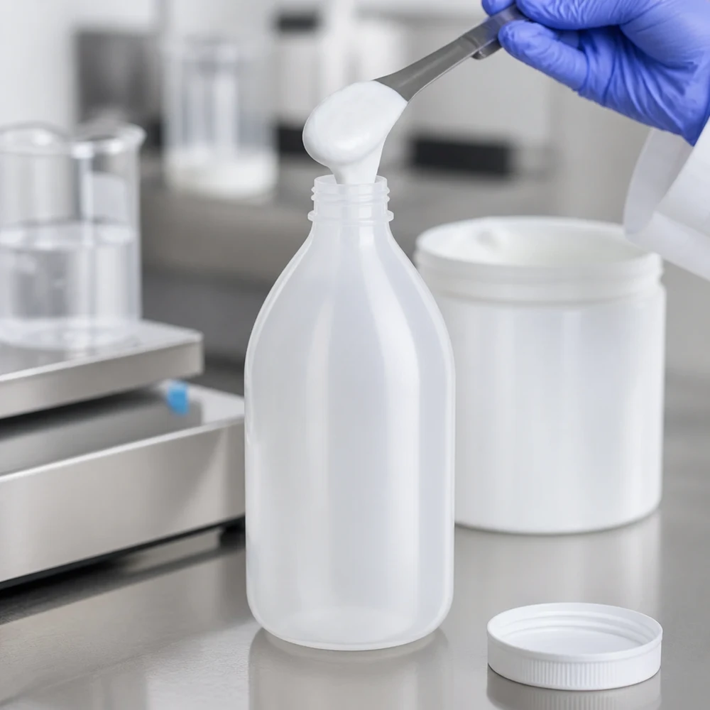 Butelka laboratoryjna o pojemności 500 ml z wąską szyjką, wykonana z HDPE, półprzezroczysta, bez pokrywki, podczas napełniania substancją