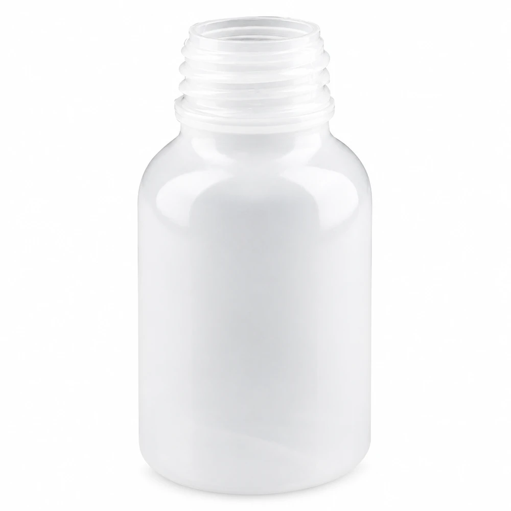 Butelka laboratoryjna 100 ml z szeroką szyjką bez zakrętki Butelka laboratoryjna o pojemności 100 ml z szeroką szyjką, wykonana z białego tworzywa sztucznego, bez zamknięcia, przeznaczona do zastosowań laboratoryjnych i badawczych