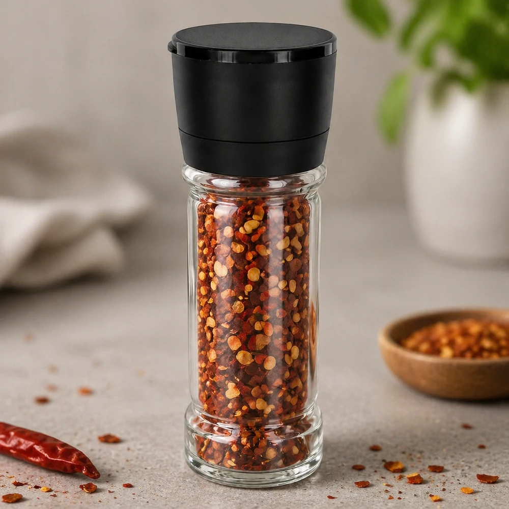 Słoik na sól/przyprawy 100 ml z młynkiem Vario, czarny Słoik na przyprawy o pojemności 100 ml z czarnym młynkiem obrotowym, wypełniony płatkami chili na szarym tle