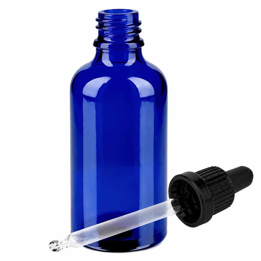 50 ml butelka do leków płynnych czarna OV BlueLine UT18/50 50 ml butelka z zakraplaczem wykonana z wysokiej jakości niebieskiego szkła z precyzyjną pipetą do dokładnego dozowania