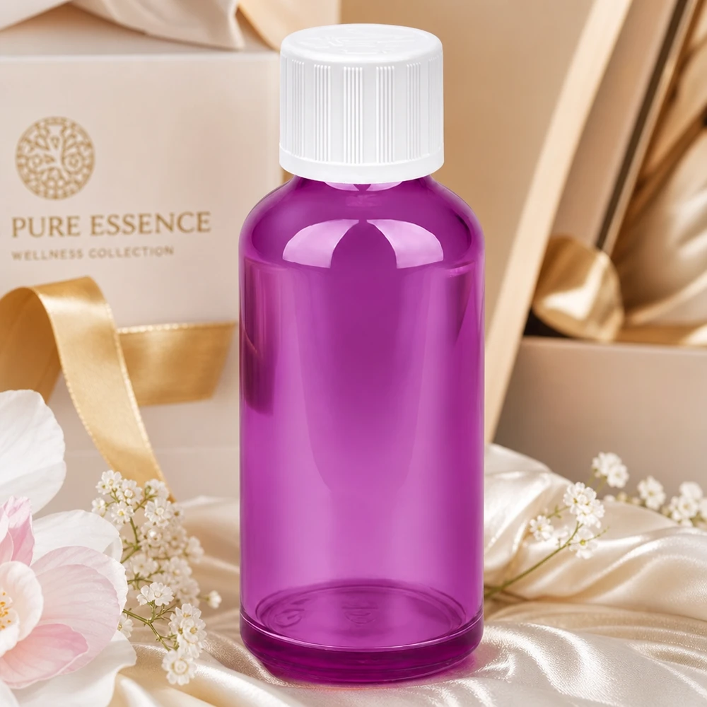 Elegancka fioletowa butelka o pojemności 50 ml z zakrętką zabezpieczającą przed dziećmi, idealna do produktów Pure Essence wellness