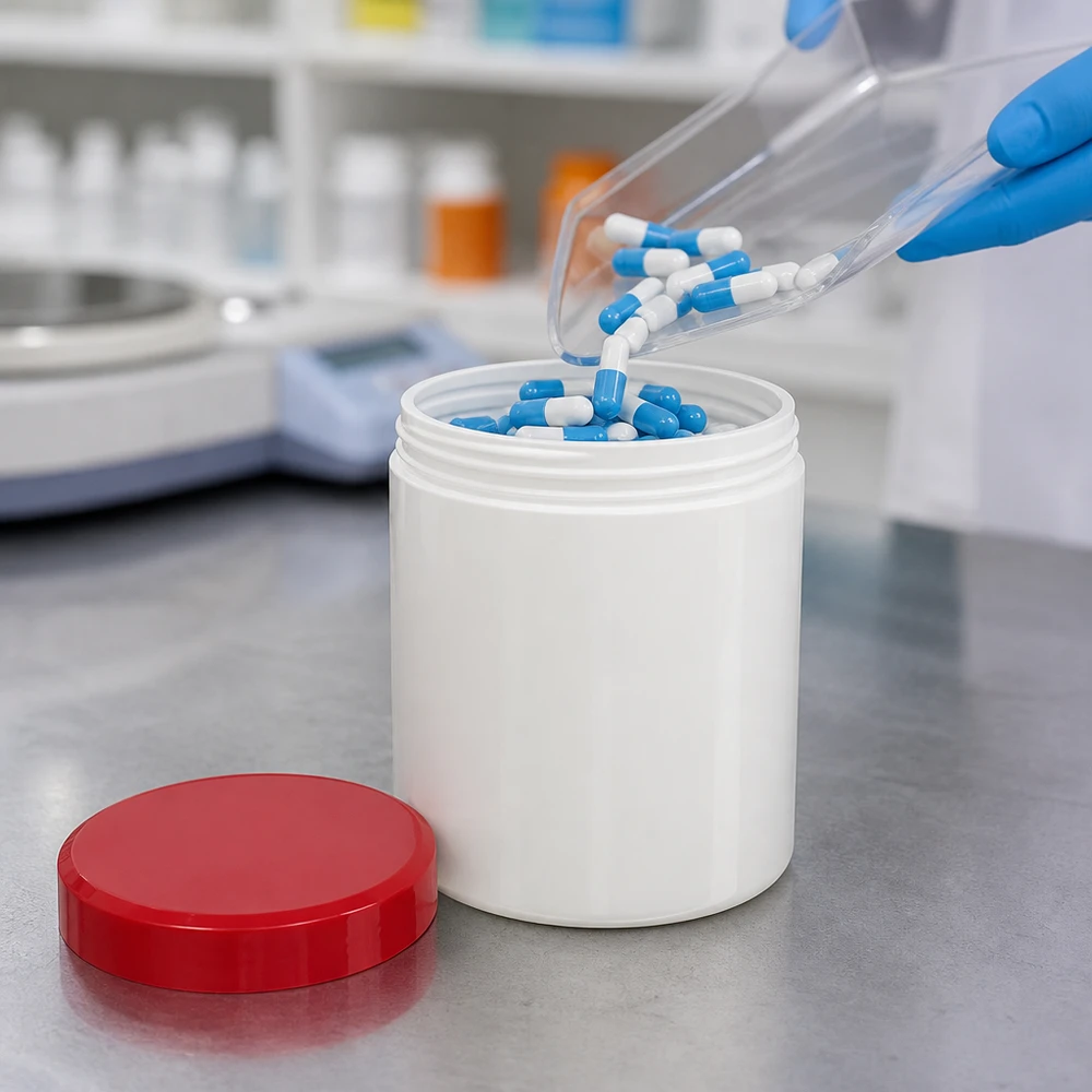 Słoiczek na maść 30g biały z czerwoną zakrętką (PP) Kapsułki farmaceutyczne są pakowane do białych słoiczków na maści o pojemności 30 g z czerwoną zakrętką z PP
