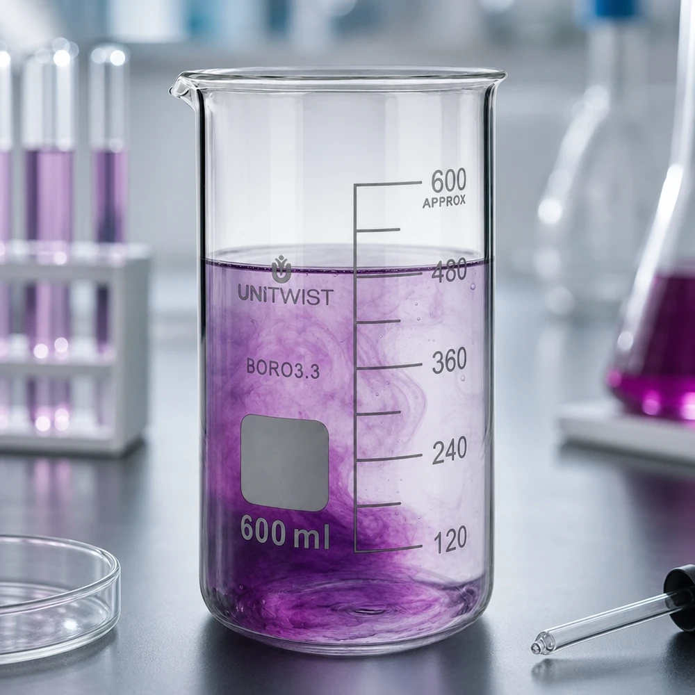 Zlewka 600 ml borokrzemianowa, wysoka UNITWIST Szklanka o pojemności 600 ml, wysoka, model UNITWIST, z fioletowym płynem i widocznym efektem dyfuzji