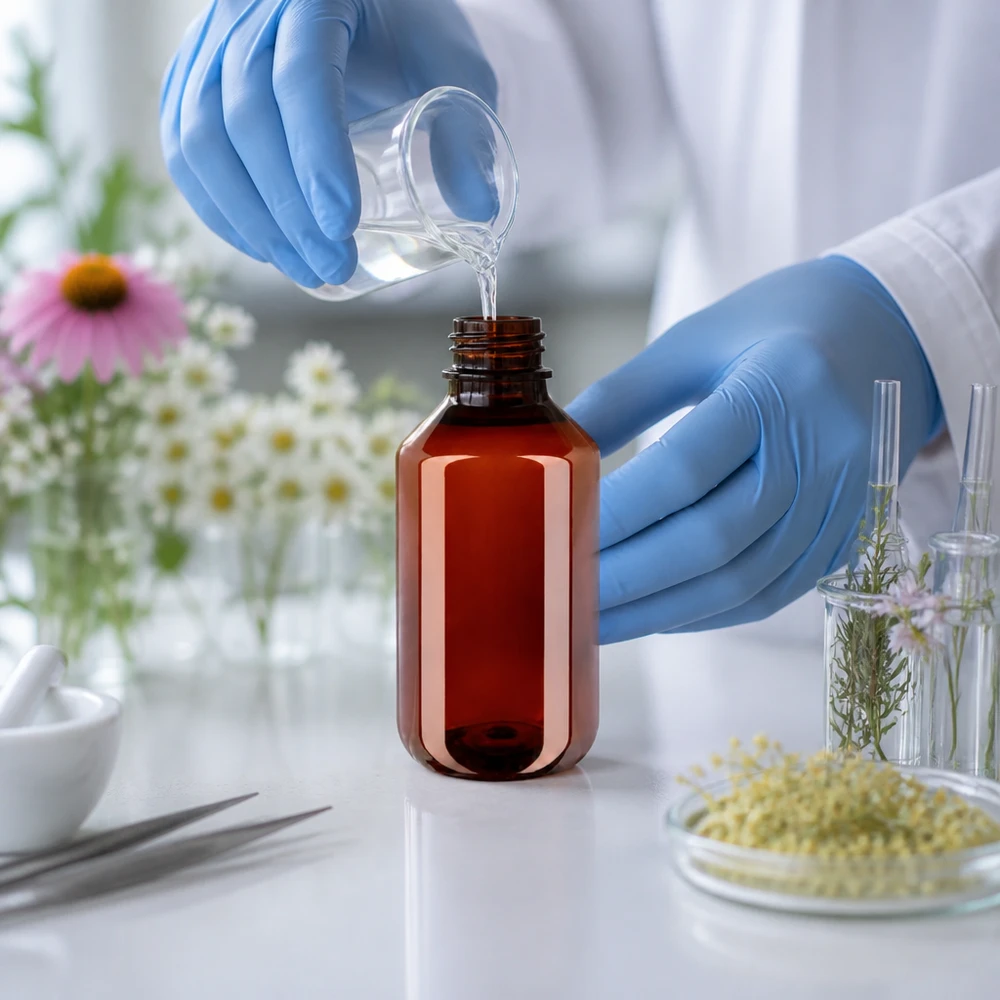 Butelka PET 100 ml z białą nakrętką typu flip-top. Laborant napełnia bursztynową butelkę PET o pojemności 100 ml z białym zamknięciem klapkowym płynem