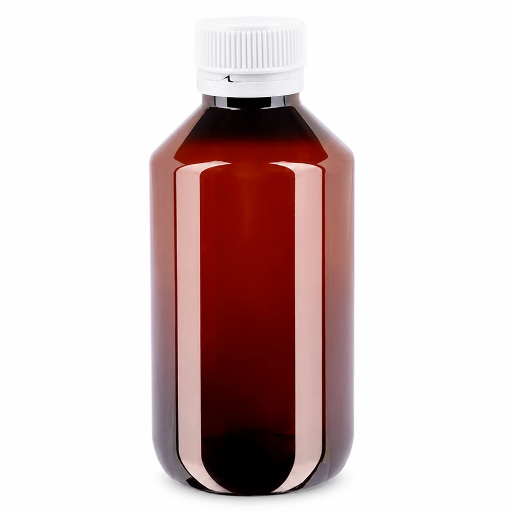 Brązowa butelka PET o pojemności 200 ml z białym zamknięciem zabezpieczającym i karbowaną pokrywką