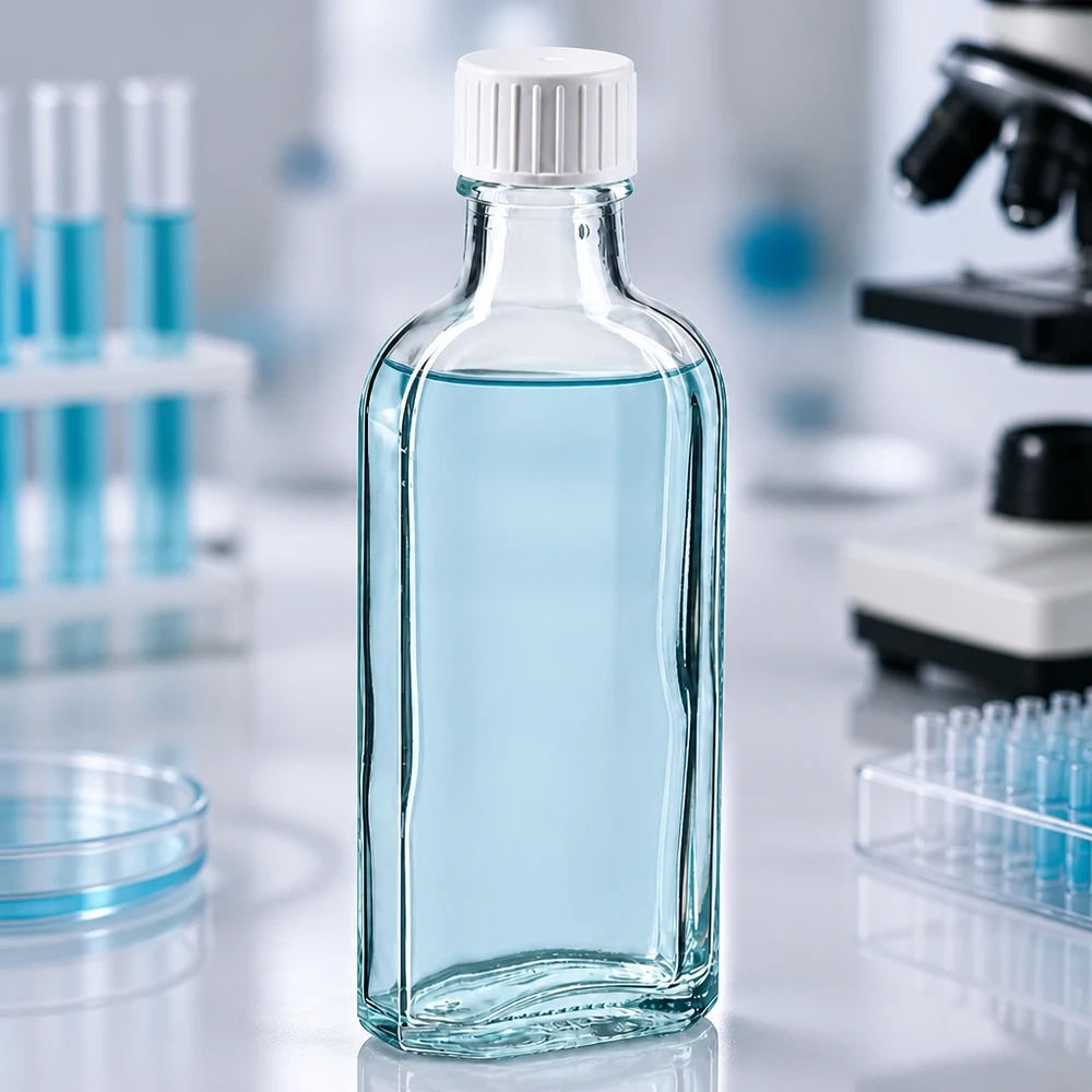 Płaska szklana butelka Meplat o pojemności 100 ml z białą zakrętką i pierścieniem do nalewania, stosowana w warunkach laboratoryjnych