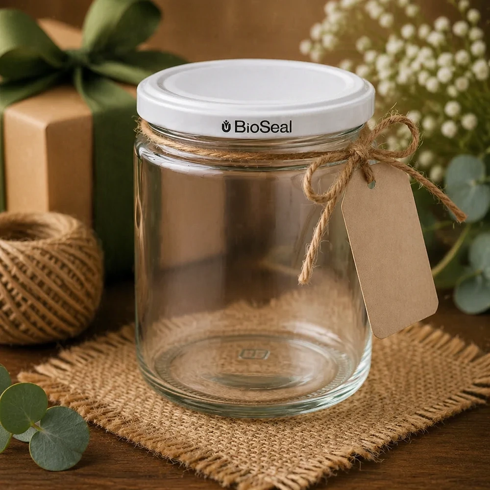 250ml słoik na miód BioSeal UNiTWIST pusty ozdobiony jutową kokardką i papierową przywieszką w stylu rustykalnego prezentu