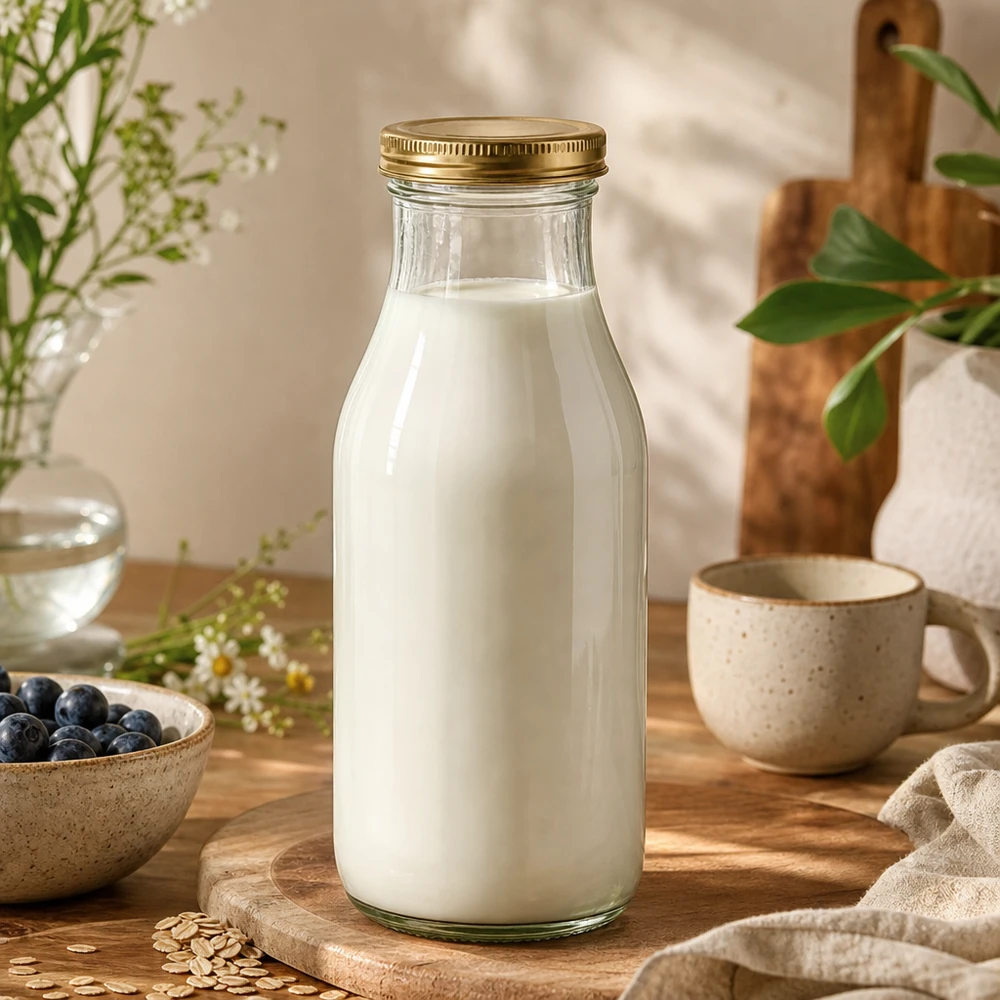 UNiTWIST Bottle263 szklana butelka wypełniona mlekiem i złotą pokrywką TO43 BioSeal w naturalnej scenerii kuchennej
