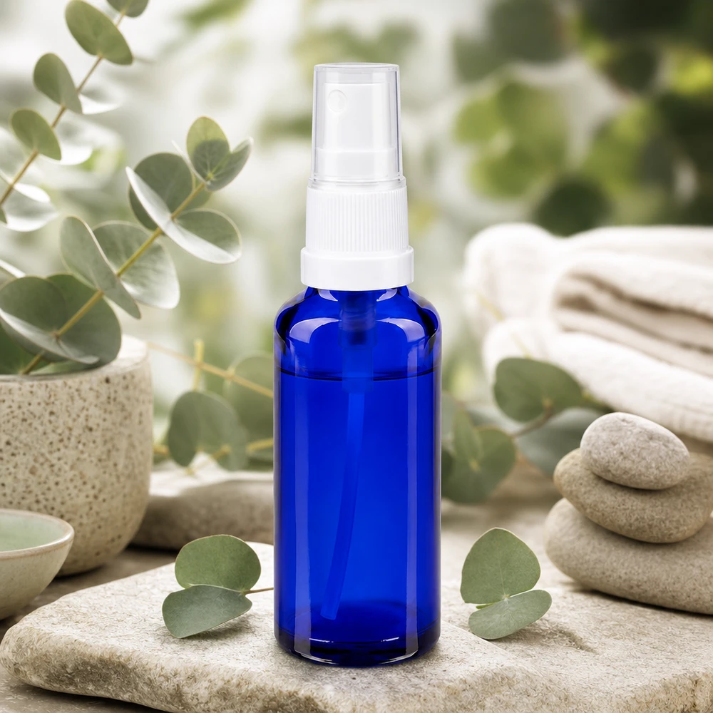 Butelka apteczna niebieska 30ml spray top biały Niebieska szklana butelka apteczna z atomizerem o pojemności 30 ml z białą głowicą rozpylającą, umieszczona wśród liści eukaliptusa i kamieni zen