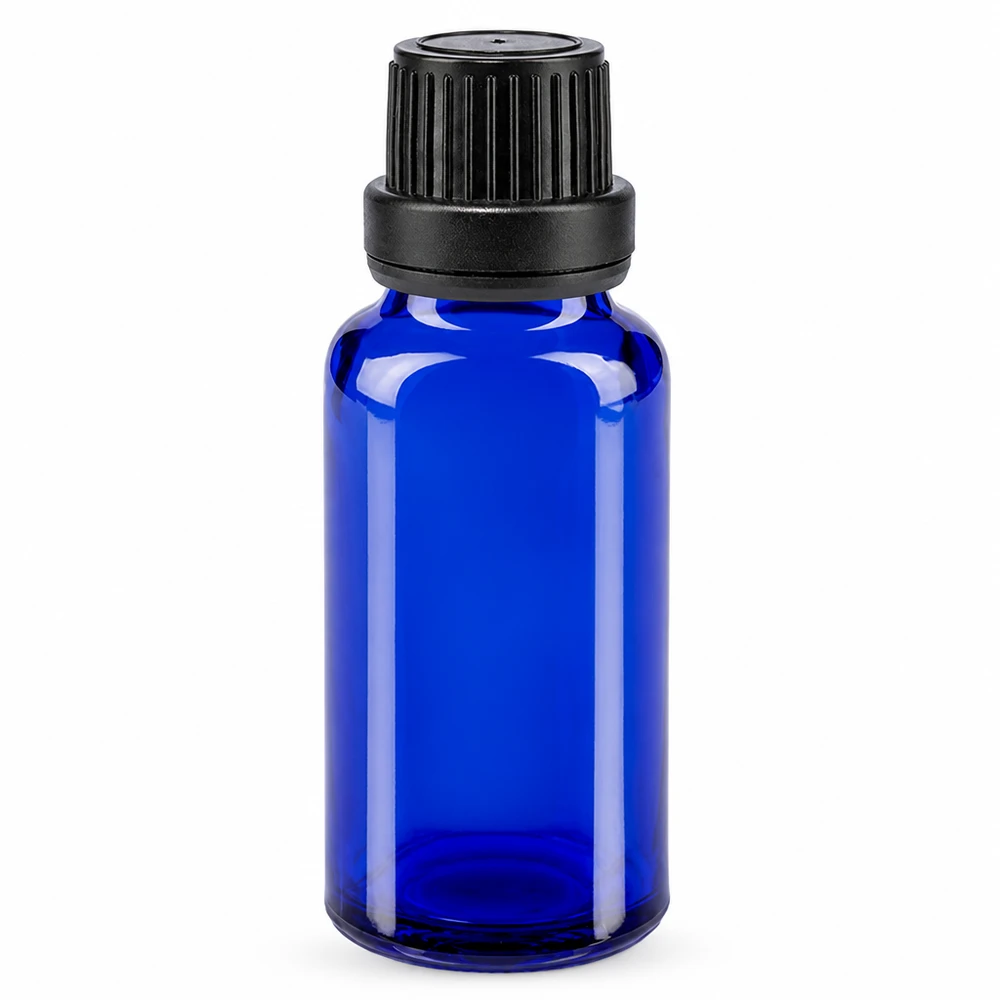 Butelka apteczna niebieska 20ml kroplówka v. Pr. 2mm czarny OV 20 ml niebieska szklana buteleczka apteczna z czarnym zamknięciem zabezpieczającym oraz wkładem kroplomierzem o średnicy 2 mm