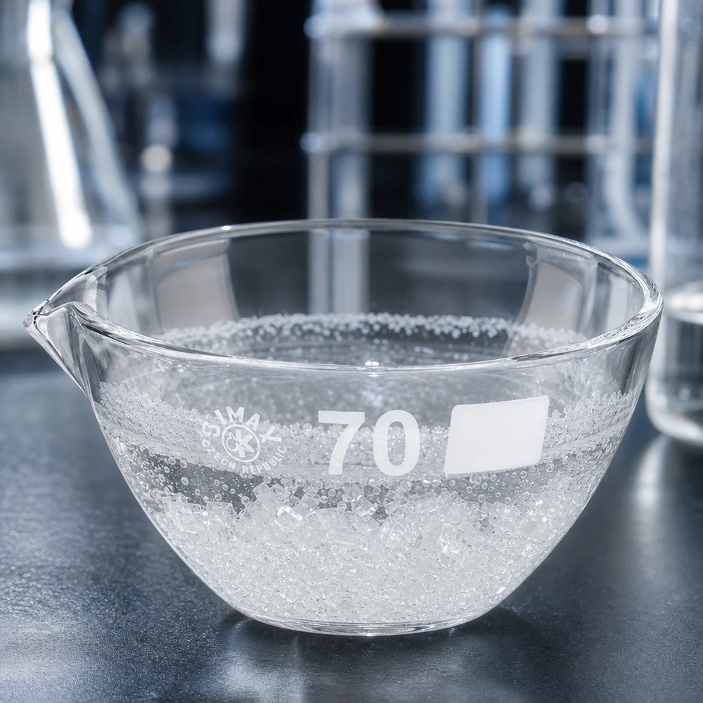 Okrągłe naczynie do odparowywania 60 ml z wylewką ø70 mm wykonane z żaroodpornego szkła borokrzemowego do zastosowań laboratoryjnych