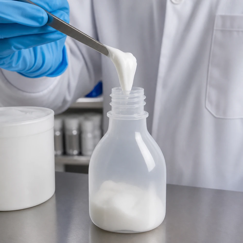 Butelka laboratoryjna 20 ml z wąską szyjką bez zakrętki Przezroczysta butelka laboratoryjna o pojemności 20 ml z wąską szyjką, wykonana z PE, jest napełniana białym kremem przez technika