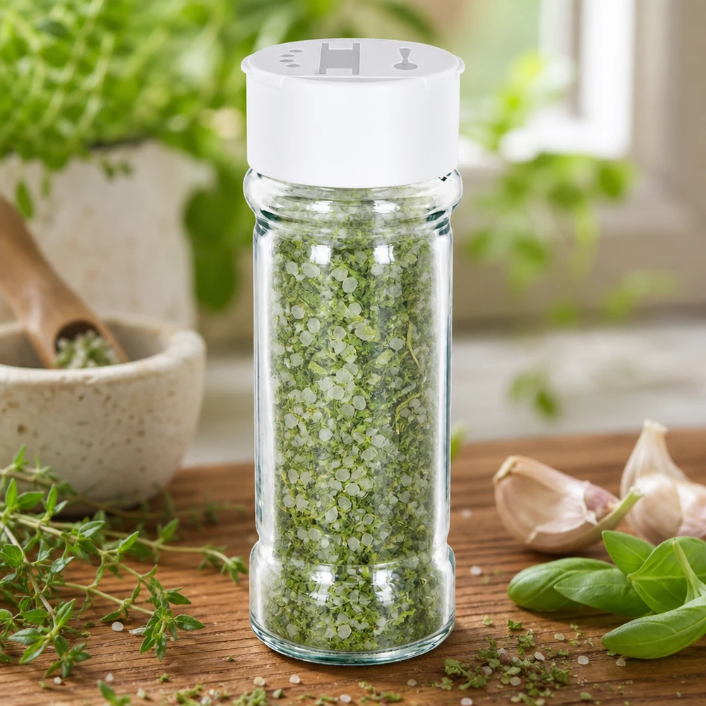 Słoik na sól/przyprawy 100 ml z podwójną dozownicą, biały Słoik na przyprawy o pojemności 100 ml z białym podwójnym dozownikiem, wypełniony solą ziołową, otoczony świeżymi ziołami