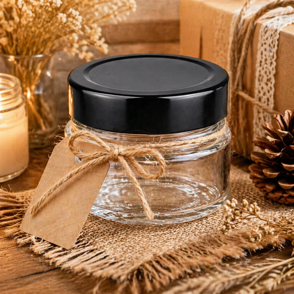 80 ml okrągły pojemnik szklany + pokrywka BasicSeal czarna głęboka UNiTWIST 80ml okrągły szklany słoik czarny przezroczysty słoik kosmetyczny ozdobiony wstążką prezentową naturalna dekoracja BasicSeal