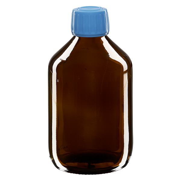 Butelka na lek 300 ml br&#261;zowa, niebieska zakr&#281;tka z pier&#347;cieniem ApoGlas. Farmaceutyczna jako&#347;&#263; produkcji UE. Gwint 28 mm (PP28). (syrop, butelka z lekkiego szk&#322;a)