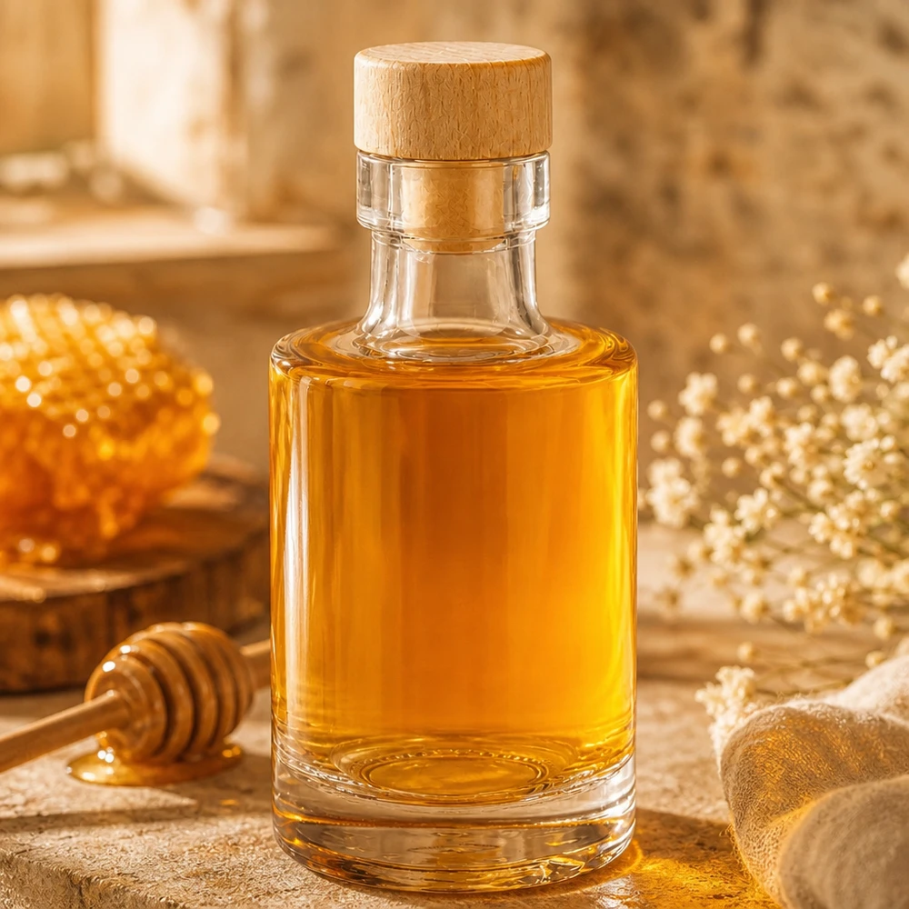 100 ml szklana butelka Marie z drewnianym korkiem wypełniona miodem obok plastra miodu i łyżki miodu na rustykalnym drewnianym stole