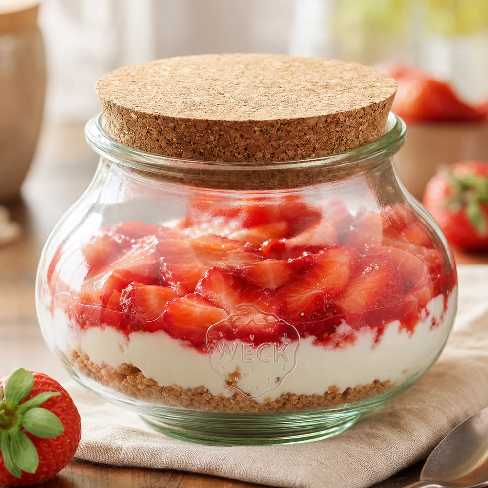 WECK dekoracyjny słoiczek 560ml RR80 z korkiem jako słoiczek deserowy na jogurt truskawkowy warstwowy do prezentacji w kuchni