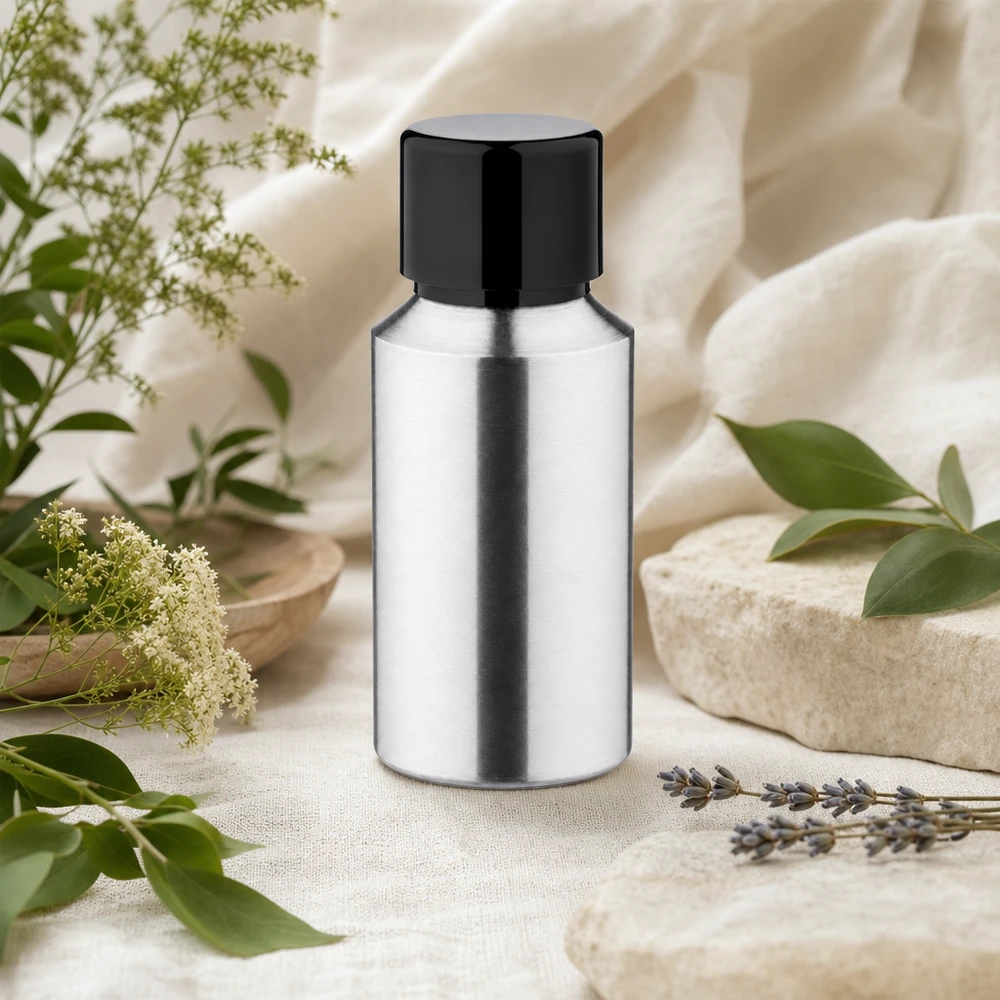 Wysokiej jakości aluminiowa butelka o pojemności 30 ml z lustrzaną powierzchnią i czarną zakrętką dla produktów premium