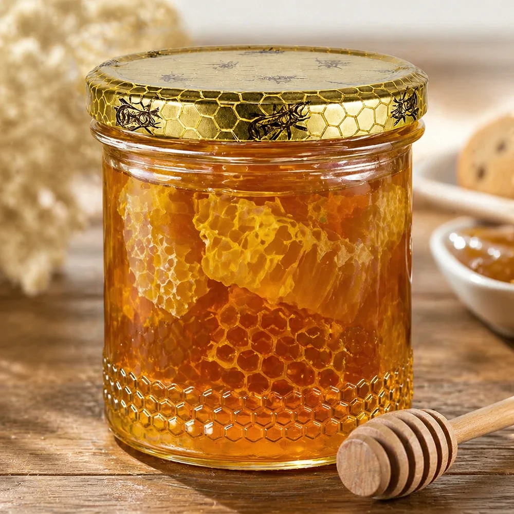 560g Honigglas + BasicSeal Deckel Bienenwabe UNiTWIST Słoik na miód 400 ml z zawartością plastra miodu i pokrywką BasicSeal, drewniana łyżka do miodu, autentyczna prezentacja pszczelarska