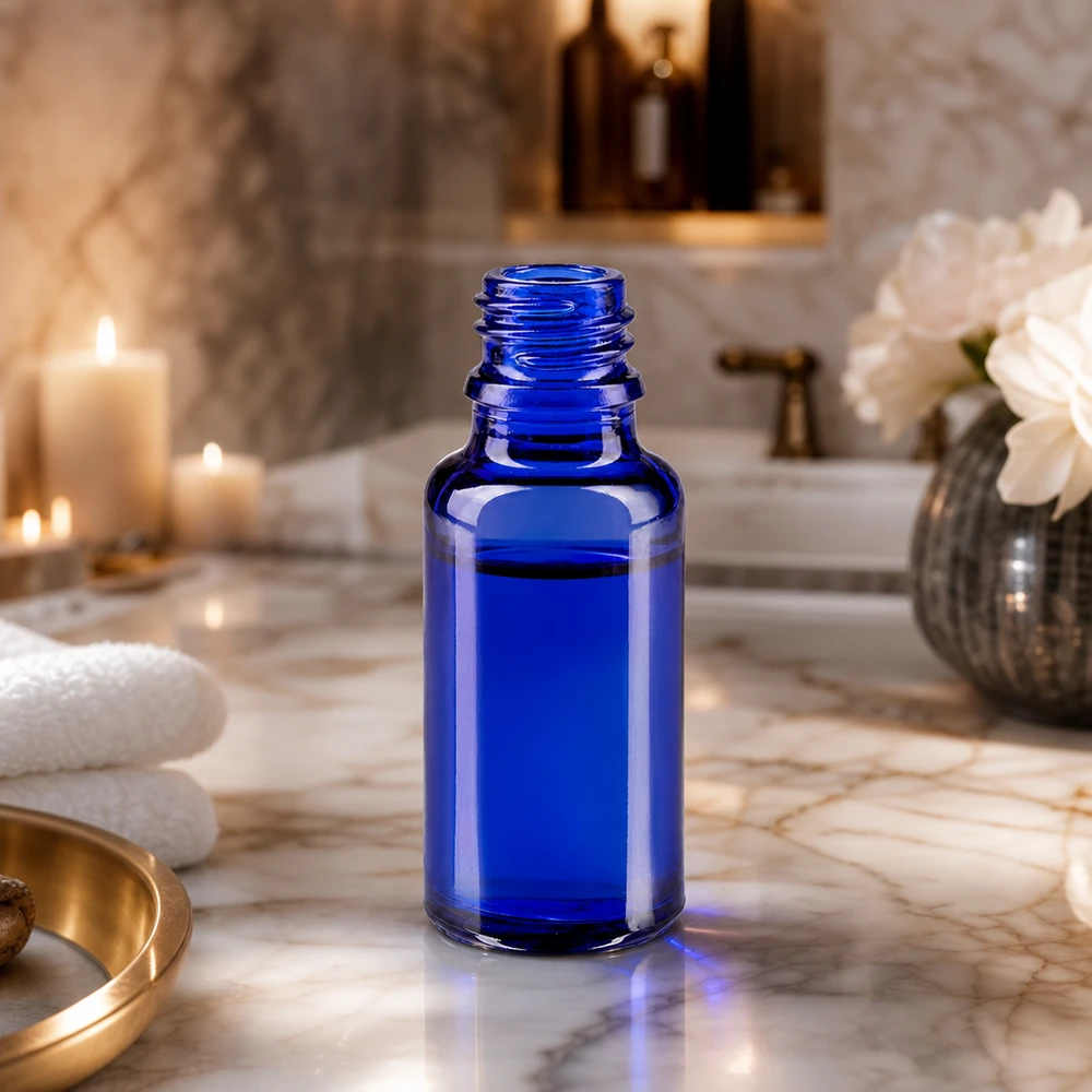 Butelka z zakraplaczem 20 ml DIN 18 NIEBIESKIE SZKŁO Elegancka butelka ApoGlas o pojemności 20 ml w kolorze głębokiego błękitu do profesjonalnych zastosowań kosmetycznych i wellness