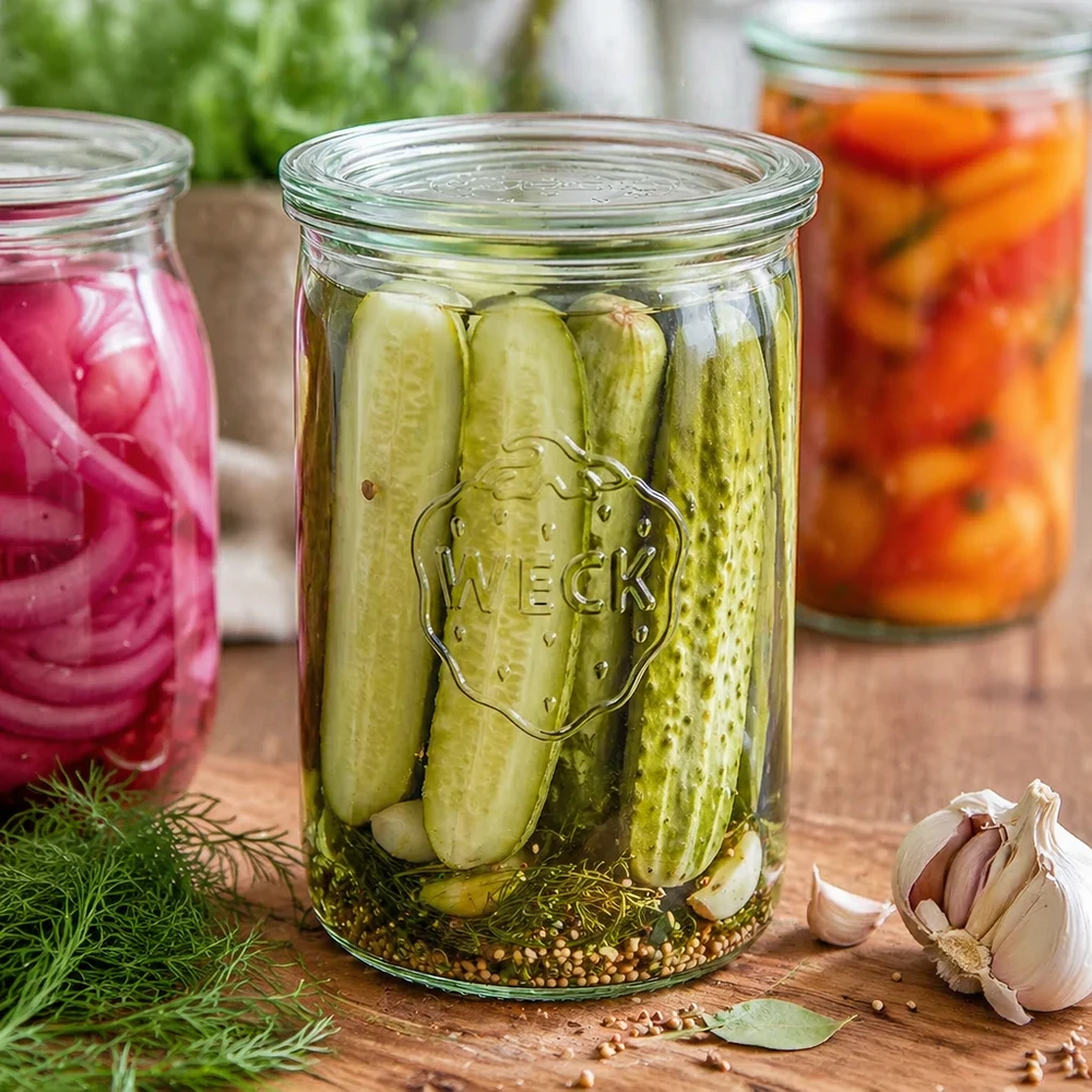 Pojemniki WECK 1000 ml RR100 wypełnione kiszonymi ogórkami wraz z czosnkiem i koperkiem do fermentacji i kiszenia.
