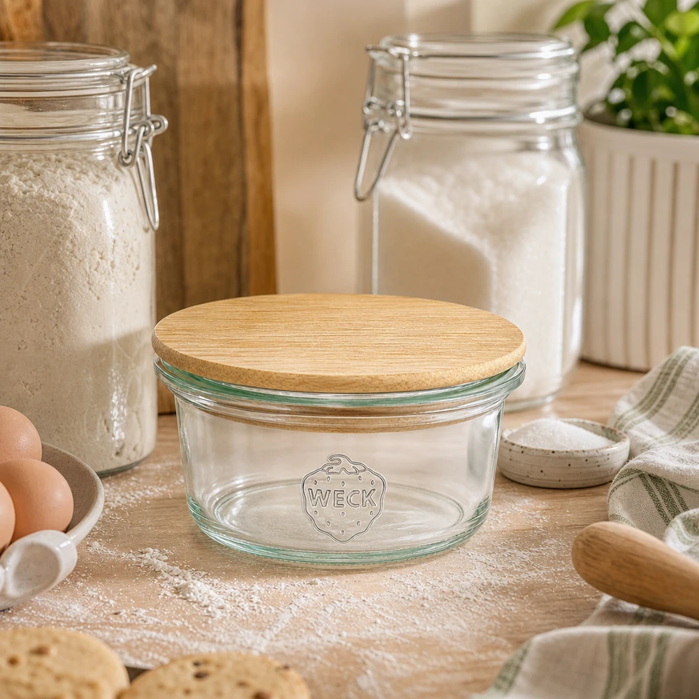 Minibutelki WECK RR60 o pojemności 50 ml z drewnianą pokrywką WECK Mini Sturzglas 50ml mit Bambusdeckel in gemütlicher Backstube zwischen Mehl, Eiern und Backutensilien auf Holzbrett