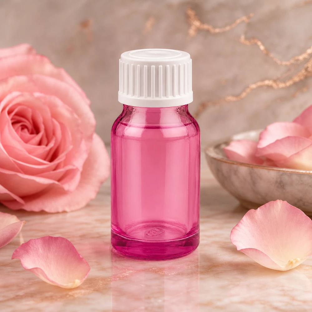 Mała szklana buteleczka 10 ml w kolorze fioletowym z praktycznym zakraplaczem do aromaterapii